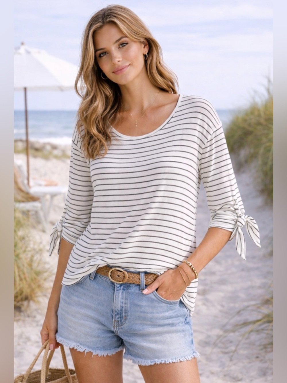 Mello‎ Day Striped Top White Black Tie Sleeve Blouse Boho Rayon Size L